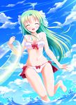  :d ^_^ ahoge ass_visible_through_thighs barefoot bashen_chenyue bikini blush bow_bikini breasts cleavage closed_eyes cloud collarbone day eyebrows eyebrows_visible_through_hair front-tie_top green_hair hair_ornament highres innertube long_hair medium_breasts navel ocean open_mouth original outdoors see-through side-tie_bikini sky smile solo standing standing_on_one_leg sunlight swimsuit wading water white_bikini 