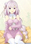  bare_shoulders braid breasts commentary detached_collar detached_sleeves dress elf emilia_(re:zero) flower garter_straps hair_flower hair_ornament hair_ribbon highres long_hair looking_at_viewer medium_breasts mzrz open_mouth pointy_ears puck_(re:zero) purple_eyes re:zero_kara_hajimeru_isekai_seikatsu ribbon silver_hair sitting sitting_on_pillow sleeveless sleeveless_dress smile solo thighhighs white_legwear 