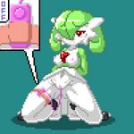  2016 animated anthro blush breasts cutaway digital_media_(artwork) egg_vibrator ejaculation english_text female front_view gardevoir green_background hands_behind_back kneeling nintendo nipples orgasm pixel_(artwork) pok&eacute;mon pussy_ejaculation pussy_juice red_eyes seven_pear sex_toy simple_background solo text vibrator video_games 