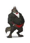  2016 4_toes anthro belly big_belly black_fur black_nose black_tail bow_tie canine claws clothed clothing digital_media_(artwork) digitigrade fluffy fluffy_tail front_view full-length_portrait fur furrybob hand_on_stomach hi_res male mammal overweight overweight_male portrait signature simple_background solo standing toe_claws toes tuxedo white_background wolf 