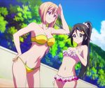  bikini black_hair blonde_hair blue_eyes breasts izumi_reina kawakami_mai musaigen_no_phantom_world ponytail purple_eyes screen_capture sexy swimsuit white_skin 