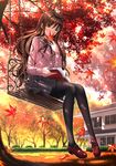  autumn_leaves black_legwear black_ribbon black_skirt blurry blush book book_to_mouth brown_hair commentary_request covering_mouth day depth_of_field dress_shirt falling_leaves full_body highres holding holding_book house leaf long_hair long_sleeves looking_at_viewer maple_leaf neck_ribbon nose_blush open_book original pantyhose red_footwear ribbon shirt shoes sitting skirt solo swing swordsouls wavy_hair white_shirt yellow_eyes 
