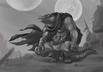  2016 5_fingers abs alligator anthro arm_wraps biceps boots bulge cape claws clothed clothing crocodilian crouching detailed_background digital_media_(artwork) footwear front_view full-length_portrait greyscale long_tail male monochrome moon muscular muscular_male outside pants pecs portrait reptile scalie sharp_teeth signature solo teeth templa_(artist) topless wraps 