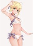  absurdres ahoge arm_up armpits artoria_pendragon_(all) artoria_pendragon_(swimsuit_archer) bare_legs bare_shoulders beige_background bikini blonde_hair blue_bow blush bow breasts cameltoe cleavage cleavage_cutout closed_mouth cowboy_shot criss-cross_halter eyebrows eyebrows_visible_through_hair fate/grand_order fate/stay_night fate_(series) green_eyes halter_top halterneck head_tilt highres looking_at_viewer navel short_hair silver_(chenwen) simple_background small_breasts smile solo standing stomach swimsuit white_bikini 