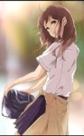  absurdres bag bangs blue_eyes blue_skirt brown_hair carrying_bag character_request clothes_around_waist copyright_request haine highres long_hair looking_at_viewer looking_back pleated_skirt school_bag school_uniform shirt short_sleeves skirt smile solo sweater_around_waist white_shirt 