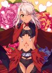  ;o bad_id bad_pixiv_id bikini black_bra bra chestnut_mouth chloe_von_einzbern dark_skin fate/kaleid_liner_prisma_illya fate_(series) finger_to_cheek flower hand_on_own_face heart midriff navel one_eye_closed pink_hair rose solo swimsuit tattoo underwear urkaze_(urture) yellow_eyes 