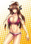  amagi_brilliant_park antenna_hair bare_arms bare_shoulders bikini blush breasts brown_hair cleavage collarbone commentary_request cowboy_shot curvy hair_intakes hair_ribbon highres large_breasts long_hair looking_at_viewer navel parted_lips ponytail red_bikini ribbon sento_isuzu solo stomach swimsuit takecha white_ribbon yellow_eyes 