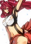  1girl arms_up breasts cleavage cleavage_cutout cross_ange hair_between_eyes hair_ornament hilda_(cross_ange) long_hair looking_at_viewer navel purple_eyes red_hair revealing_clothes solo torn_clothes translated twintails white_background 