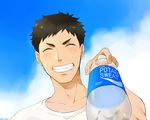  aotama black_hair bottle brand_name_imitation closed_eyes cloud day grin haikyuu!! male_focus pocari_sweat sawamura_daichi shirt sky smile solo sweat water_bottle 