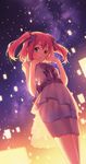  bangs blush dress dutch_angle green_eyes highres kurosawa_ruby lantern long_hair looking_at_viewer love_live! love_live!_sunshine!! nagareboshi red_hair silhouette sky_lantern solo two_side_up yume_de_yozora_wo_terashitai 