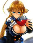  ahoge blazblue blonde_hair blue_eyes blush braid breasts cleavage es_(xblaze) highres huge_ahoge large_breasts long_hair nishiide_kengorou original simple_background single_braid solo white_background xblaze 