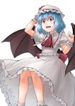  absurdres ascot bat_wings blue_hair commentary_request cowboy_shot frilled_shirt frilled_shirt_collar frilled_skirt frills hair_between_eyes hand_on_headwear hat highres hullzion looking_at_viewer open_mouth puffy_short_sleeves puffy_sleeves red_eyes remilia_scarlet shirt short_hair short_sleeves simple_background skirt smile solo touhou white_background white_hat white_shirt white_skirt wings wrist_cuffs 