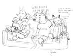  2016 aardwolf anneke_(weaver) anthro avo_(weaver) canine caprine charlie_(weaver) clothing dialogue disney english_text ermine fan_character fox fur grivaire hyena jackal laugh mammal marty_(weaver) mustelid ozzy_(weaver) pack_street remmy_cormo sheep simple_background sitting sleeping sofa striped_hyena t_rex_(weaver) text tongue tongue_out wolter_(weaver) wool zootopia 