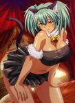  00s 1girl animal_ears bare_shoulders blush breasts cat_ears cat_tail cleavage curvy dark_skin green_eyes green_hair ikkitousen large_breasts long_hair looking_at_viewer navel official_art ryofu_housen smile solo tail 