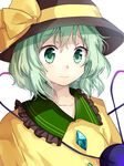  black_hat bow commentary_request crying crying_with_eyes_open eyebrows eyebrows_visible_through_hair green_eyes green_hair hair_between_eyes hat hat_bow hat_ribbon komeiji_koishi matryoshka_(borscht) ribbon shirt short_hair simple_background solo tears third_eye touhou upper_body white_background yellow_bow yellow_ribbon yellow_shirt 