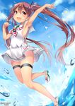  arm_up armpits brown_eyes brown_hair day dress fang highres jumping kantai_collection libeccio_(kantai_collection) long_hair nyum open_mouth shoes short_dress side_slit sleeveless sleeveless_dress smile solo splashing sundress thigh_strap twintails water white_dress 