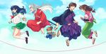  3boys animal_ears barefoot black_hair brown_hair closed_eyes day dog_ears fox_tail green_eyes highres higurashi_kagome inuyasha inuyasha_(character) japanese_clothes jewelry jump_rope jumping kesa kirara_(inuyasha) long_hair low-tied_long_hair miroku_(inuyasha) motobi_(mtb_umk) multiple_boys multiple_girls necklace pointy_ears ponytail sandals sango school_uniform serafuku shippou_(inuyasha) sky smile tail white_hair yellow_eyes 