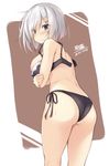  2016 ass black_bra black_panties blue_eyes blush bra breast_hold breasts dated exe_(xe) eyes_visible_through_hair hair_ornament hair_over_one_eye hairclip hamakaze_(kantai_collection) kantai_collection large_breasts looking_at_viewer looking_back panties short_hair side-tie_panties signature silver_hair solo underwear underwear_only undone_bra 