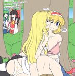  alice_margatroid ass bare_shoulders blonde_hair blue_eyes blush bra breasts brown_hair bush closed_eyes english green_hair hair_ribbon hakurei_reimu hater_(hatater) highres kirisame_marisa kiss kochiya_sanae large_breasts long_hair midriff multiple_girls mushroom navel one_eye_closed panties pink_bra ribbon short_hair star star_panties star_print touhou tree tress_ribbon underwear undressing white_panties yuri 