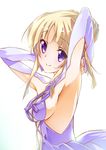  armpits arms_up bangs blonde_hair blush breasts closed_mouth dress eyebrows eyebrows_visible_through_hair from_side head_tilt highres long_sleeves looking_at_viewer looking_to_the_side medium_breasts ortfine_fredericka_von_eylstadt parted_bangs purple_dress purple_eyes senomoto_hisashi shuumatsu_no_izetta sideboob simple_background solo tareme upper_body white_background 