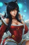  2015 abstract_background ahri_(lol) black_hair bracelet breasts canine choker cleavage clockwork-cadaver clothed clothing colored_nails detached_sleeves female fox fur hair humanoid inner_ear_fluff jewelry league_of_legends looking_at_viewer mammal markings sitting slit_pupils solo video_games watermark whisker_markings white_fur yellow_eyes 