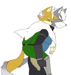  2015 anthro blush brown_fur canine carrying clothed clothing duo eyes_closed fox fox_mccloud fur grey_fur jungle_poppo lilith_(artist) male male/male mammal nintendo piggyback side_view simple_background star_fox video_games wolf wolf_o&#039;donnell 