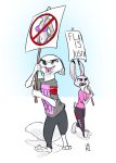  2018 anthro arctic_fox armband barefoot bikini blue_eyes breasts buckteeth canine clothed clothing dipstick_ears disney duo english_text female fox holding_object ittybittykittytittys judy_hopps lagomorph mammal navel no_symbol open_mouth picket_sign protest purple_eyes rabbit sign signature simple_background skye_(zootopia) swimsuit teeth text walking zootopia 