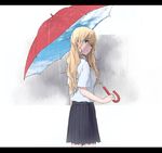  bangs blonde_hair blue_eyes blue_skirt character_request cloud cloudy_sky haine highres holding holding_umbrella letterboxed long_hair pleated_skirt rain red_umbrella school_uniform shirt short_sleeves skirt sky solo umbrella white_shirt 