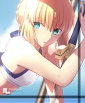 artist_name artoria_pendragon_(all) artoria_pendragon_(swimsuit_archer) bare_arms bare_shoulders bikini blonde_hair blurry blurry_background braid breasts cloud cloudy_sky excalibur eyebrows eyebrows_visible_through_hair eyes_visible_through_hair fate/grand_order fate/stay_night fate_(series) french_braid green_eyes hair_over_one_eye holding holding_sword holding_weapon leaning_on_object long_hair looking_at_viewer magicians_(zhkahogigzkh) medium_breasts outdoors parted_lips sky solo swimsuit sword upper_body weapon white_bikini 