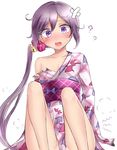  ? akebono_(kantai_collection) arm_support bandaid bandaid_on_face bell blush breasts floral_print flower hair_bell hair_flower hair_ornament highres japanese_clothes jingle_bell kantai_collection kimono long_hair looking_at_viewer neit_ni_sei obi open_mouth purple_eyes purple_hair sash side_ponytail sitting small_breasts solo spoken_question_mark sweatdrop very_long_hair 