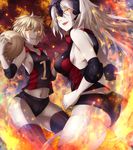  :d ass black_legwear blonde_hair breasts covered_nipples drifters elbow_pads fate/grand_order fate_(series) glowing glowing_eyes helmet highres jeanne_d'arc_(alter)_(fate) jeanne_d'arc_(drifters) jeanne_d'arc_(fate)_(all) large_breasts long_hair mia_(gute-nacht-07) multiple_girls navel open_mouth short_hair skindentation sleeveless small_breasts smile sportswear thick_thighs thighhighs thighs volleyball volleyball_uniform white_hair yellow_eyes 