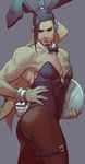  animal_ears ass bad_id bad_twitter_id beard black_hair bow bowtie bunny_boy bunny_ears bunny_tail bunnysuit collar commentary_request cowboy_shot crossdressing facial_hair garters grey_hair hair_ribbon hand_on_hip hanzo_(overwatch) highres kkangcheol looking_at_viewer male_focus overwatch pantyhose ribbon simple_background single_hair_intake solo tail tattoo topknot tray wrist_cuffs 