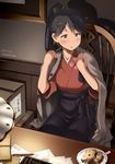 2016 abacus black_hair blue_eyes box cardboard_box cardigan chair dated desk eyebrows eyebrows_visible_through_hair food houshou_(kantai_collection) indoors kantai_collection lamp looking_at_hand paper pen picture_frame plate ponytail sakura_(medilore) saran_wrap shadow sitting solo twitter_username wall wide_sleeves 