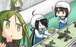  :3 ahoge aircraft airplane apron black_hair black_serafuku brown_eyes brown_hair commentary conveyor_belt crescent crescent_hair_ornament dandelion dated e16a_zuiun empty_eyes factory flower gloves green_eyes green_hair hair_ornament hair_over_one_eye hamu_koutarou hat highres hyuuga_(kantai_collection) kako_(kantai_collection) kantai_collection long_hair multiple_girls nagatsuki_(kantai_collection) necktie ponytail school_uniform serafuku sleeping sleeping_upright sparkle teruyof translated white_gloves white_neckwear zzz 