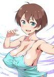 :d armpits artist_name blue_eyes blush breasts brown_hair cleavage collarbone covered_nipples joy_ride large_breasts looking_at_viewer new_game! no_bra open_mouth shinoda_hajime short_hair sideboob sleeveless smile solo v-shaped_eyebrows 