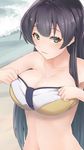  agano_(kantai_collection) beach bikini bikini_lift breasts cleavage collarbone commentary_request eyebrows eyebrows_visible_through_hair from_above green_eyes highres kantai_collection large_breasts long_hair looking_at_viewer navel shiny shiny_hair solo swimsuit urigarasu 