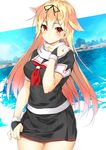  black_skirt blonde_hair blurry body_mahattaya_ginga breasts cowboy_shot depth_of_field fingerless_gloves gloves gradient_hair hair_between_eyes hair_flaps hair_ribbon kantai_collection long_hair medium_breasts miniskirt multicolored_hair pleated_skirt red_eyes red_hair remodel_(kantai_collection) ribbon scarf school_uniform short_sleeves skirt skirt_grab smile solo very_long_hair white_scarf yuudachi_(kantai_collection) 