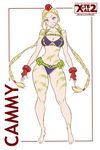  alternate_costume artist_name belt bikini blonde_hair blue_eyes braid breasts cammy_white character_name cleavage fingerless_gloves gloves harness large_breasts long_hair looking_at_viewer scar smile solo street_fighter street_fighter_v swimsuit tattoo twin_braids twintails utility_belt watermark web_address x-teal2 