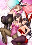  animal_ears ass bare_shoulders black_eyes black_hair black_legwear black_leotard blush bow bowtie breasts brown_eyes brown_hair brown_legwear bunny_ears bunny_girl bunny_tail bunnysuit covered_navel detached_collar fake_animal_ears frilled_pillow frills hair_ribbon hand_on_hip hands_on_own_chest heart heart_pillow high_heels highres leotard light_brown_hair long_hair looking_at_viewer looking_back lying medium_breasts multiple_girls on_back open_mouth original pantyhose pillow pink_footwear pink_leotard ponytail purple_eyes purple_legwear red_leotard ribbon shoes short_hair smile spread_legs tail takano_yuki_(mangaka) wrist_cuffs 