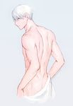  artist_name back blue_eyes butt_crack kittlekrattle looking_back male_focus naked_towel smile solo towel viktor_nikiforov white_hair yuri!!!_on_ice 