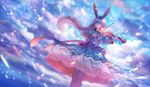  animal_ears brown_hair bunny_ears cloud cloudy_sky commentary dress dutch_angle flower frilled_dress frills gown hair_flower hair_ornament headdress instrument light_particles long_hair looking_at_viewer music original playing_instrument sakimori_(hououbds) sky solo sunrise violin wind 
