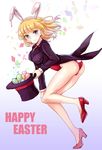  animal_ears ass blonde_hair blue_eyes breasts bunny_ears bunnysuit coattails confetti easter easter_egg egg fake_animal_ears happy_easter hat hat_basket hat_removed headwear_removed high_heels holding holding_hat large_breasts leotard princeton_(zhan_jian_shao_nyu) red_leotard short_hair solo top_hat yuemanhuaikong zhan_jian_shao_nyu 