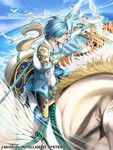  bird blue_hair boots company_name feathered_wings feathers fire_emblem fire_emblem_cipher fire_emblem_if hair_over_one_eye male_focus official_art pegasus pegasus_knight polearm shigure_(fire_emblem_if) sky solo spear toyo_sao water weapon wings yellow_eyes 