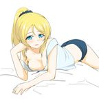  arm_support ayase_eli blonde_hair blue_eyes blue_shorts breasts cleavage hair_ornament high_ponytail long_hair love_live! love_live!_school_idol_project lying medium_breasts nanotsuki off_shoulder on_side ponytail shirt shorts simple_background solo white_background white_shirt 
