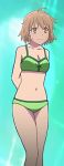  arms_behind_back artist_request bare_shoulders bikini cleavage closed_mouth collarbone foreshortening green_bikini green_swimsuit kamiigusa_misaki legs looking_at_viewer navel raised_eyebrows sakura-sou_no_pet_na_kanojo solo swimsuits tomboy 