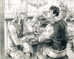  berserk chandelier chin_rest corkus drinking eating food freckles glass graphite_(medium) greyscale griffith guts judeau kkuwa long_hair male_focus meat monochrome multiple_boys ponytail sitting sketch table traditional_media wavy_hair 