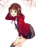  amami_haruka black_skirt blue_ribbon brown_hair green_eyes hair_ribbon hand_in_hair idolmaster idolmaster_(classic) jacket leaning_forward looking_at_viewer miniskirt nanotsuki open_mouth pleated_skirt red_jacket ribbon short_hair skirt solo watch wristwatch yellow_ribbon 