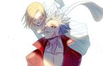  1girl ban_(nanatsu_no_taizai) blonde_hair closed_eyes couple dress elaine floating hetero honey_dogs jacket leather leather_jacket nanatsu_no_taizai red_eyes scar short_hair silver_hair smile spiked_hair 