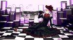  abstract arm_support black_dress bow checkered checkered_floor dress frilled_dress frills hair_between_eyes hair_bow hair_flip highres hiko_(hiko224556) lavender_eyes lavender_hair lavender_lipstick long_hair looking_at_viewer original parted_lips red_bow red_eyes reflection sitting solo taut_clothes yokozuwari 