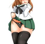  black_legwear black_panties blush breasts brown_hair girls_und_panzer green_skirt hand_on_own_chest heart_cutout kurokoshou_(emuburemu123) large_breasts long_hair miniskirt neckerchief ooarai_school_uniform panties pleated_skirt school_uniform serafuku side-tie_panties simple_background skirt skirt_lift solo sweatdrop takebe_saori thighhighs underwear white_background 